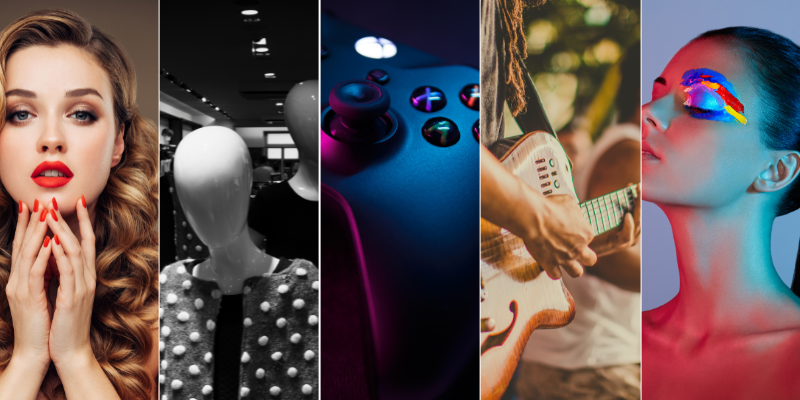 Collage of niche industries we design websites for: a glamorous beauty model with styled hair and red nails, fashion mannequins dressed in chic, modern clothing, a glowing video game controller, a musician playing an acoustic guitar outdoors, and a creative beauty portrait with colorful makeup.