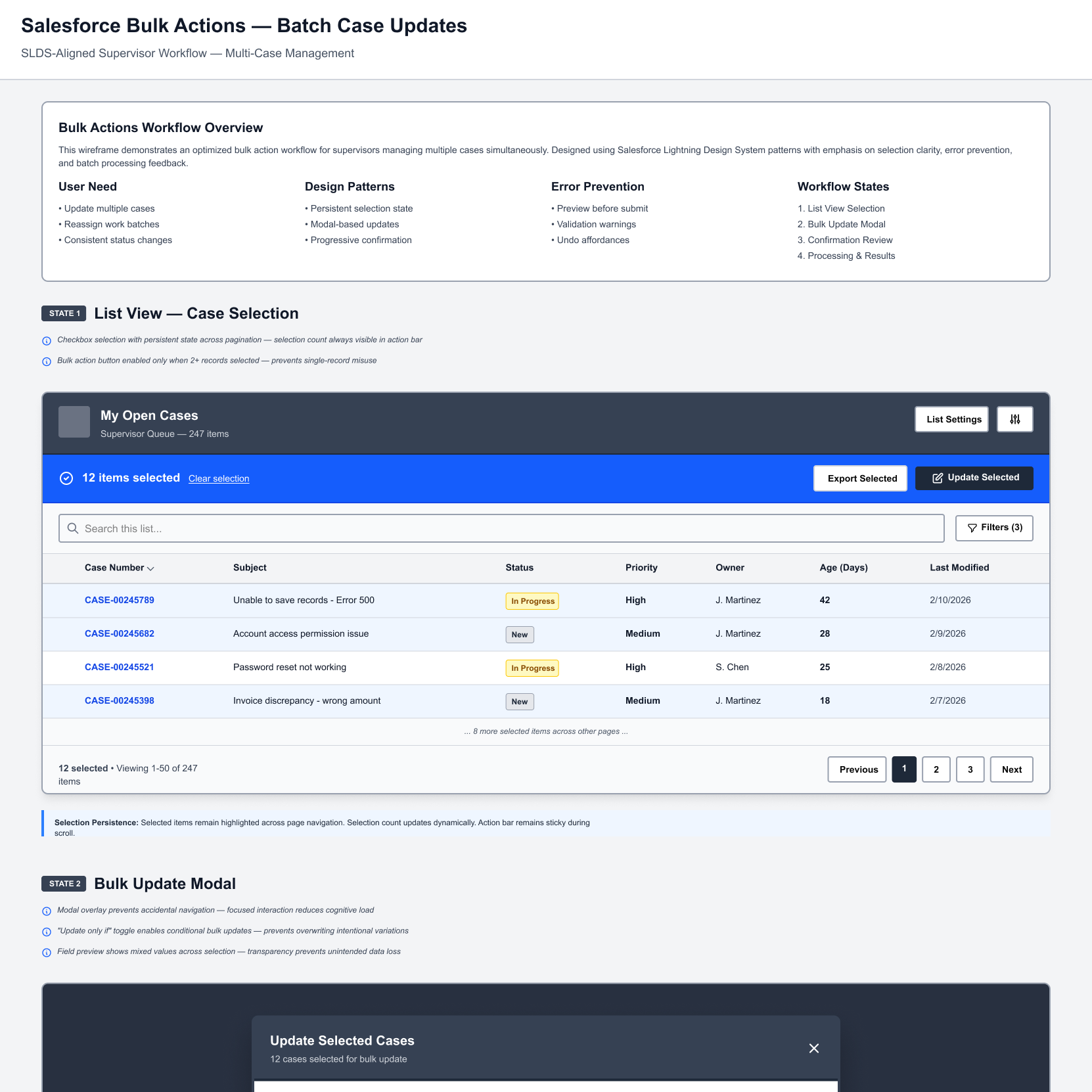 Wireframe showing batch and bulk case-management actions